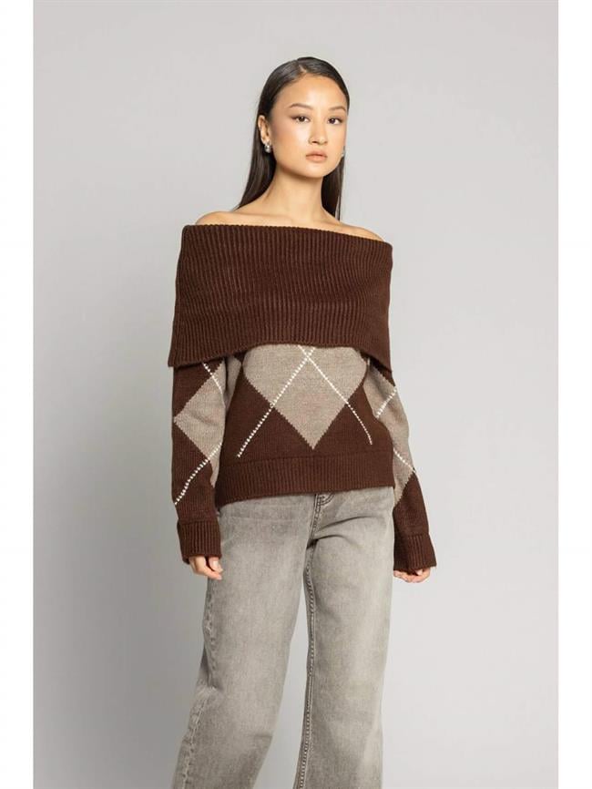 Baklava Desenli Kazak 4664 Kahve