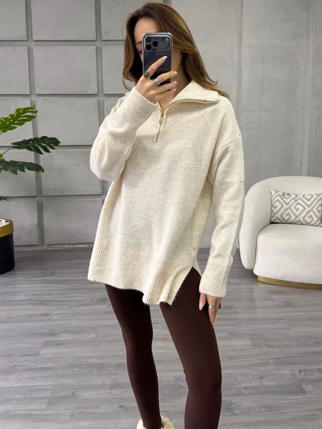 Balon Kol Yarım Fermuarlı Kazak 75307 Vanilya