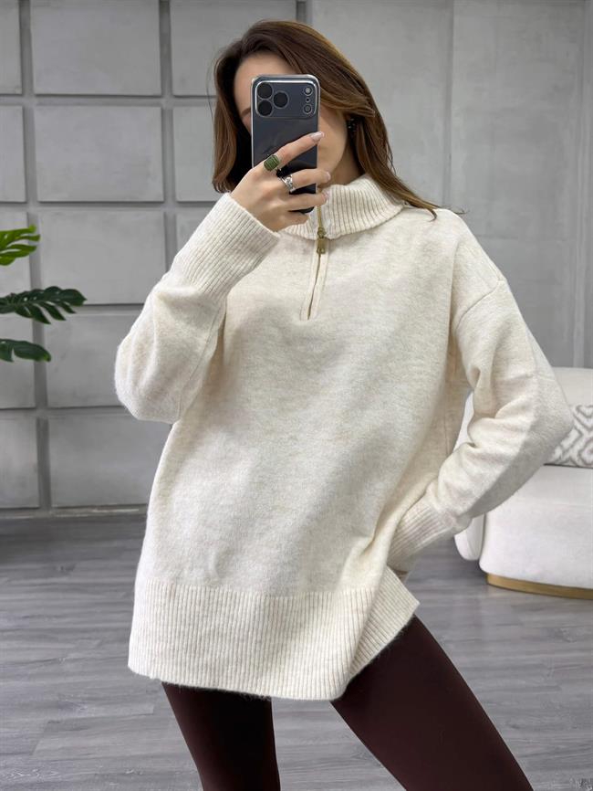 Balon Kol Yarım Fermuarlı Kazak 75307 Vanilya