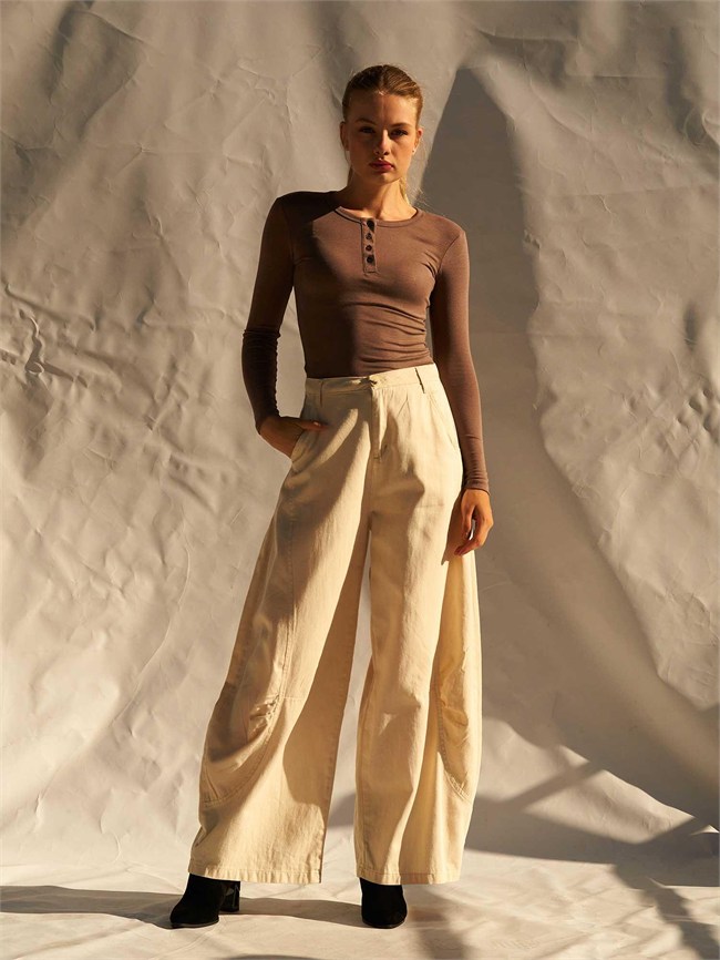 Barrel Kesim Gabardin Pantolon 031737 Krem