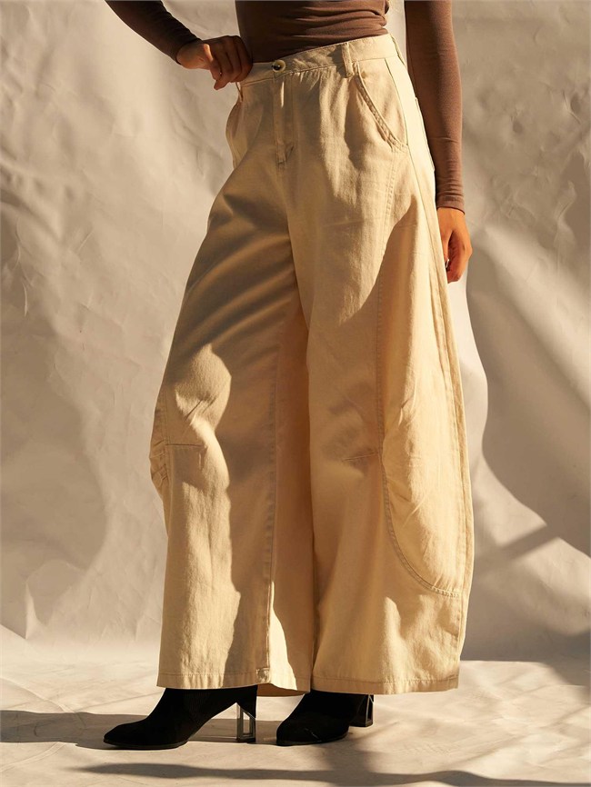 Barrel Kesim Gabardin Pantolon 031737 Krem