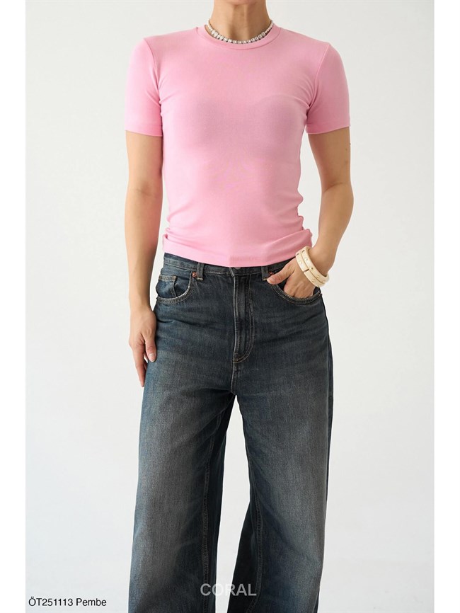 Basic Kısa Tişört ÖT251113 Pembe