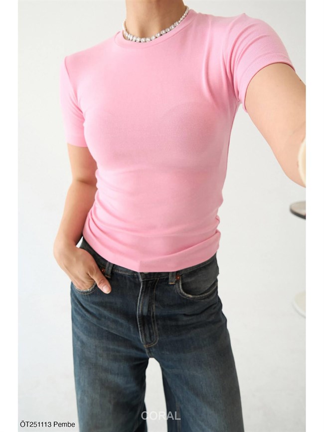 Basic Kısa Tişört ÖT251113 Pembe