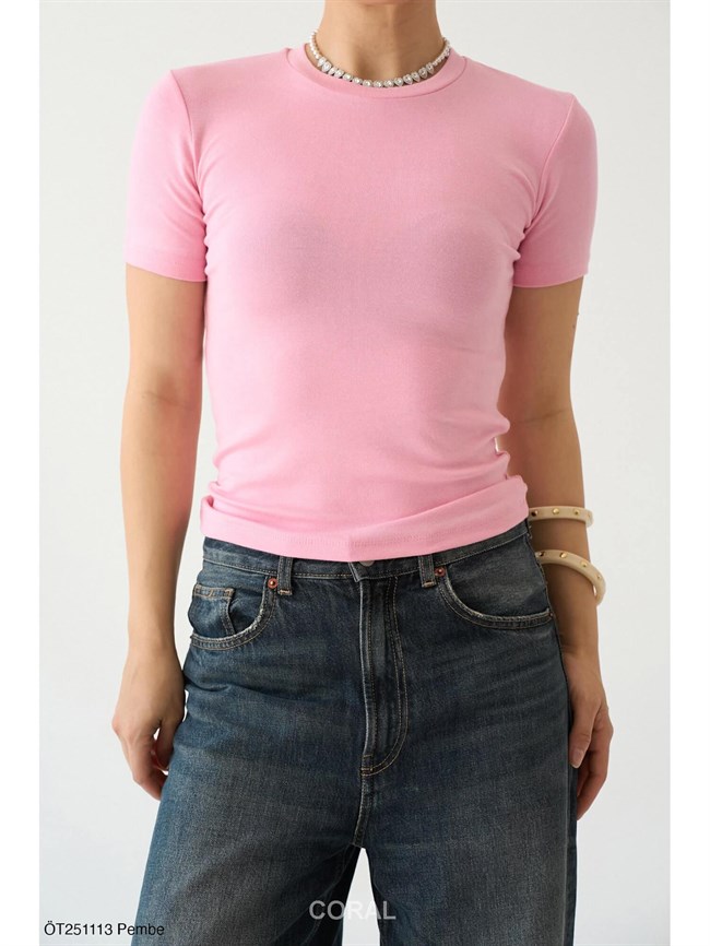 Basic Kısa Tişört ÖT251113 Pembe