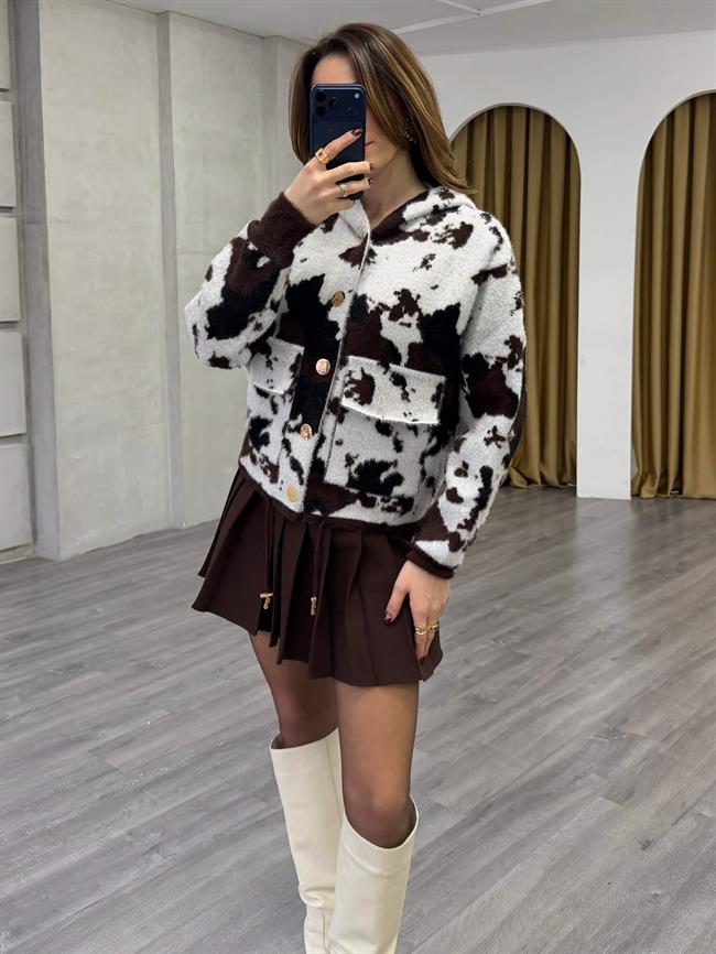 Batik Desenli Kapüşonlu Hırka 140547 Vanilya