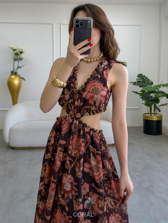 Bel Dekolteli Elbise 37599 Kahve
