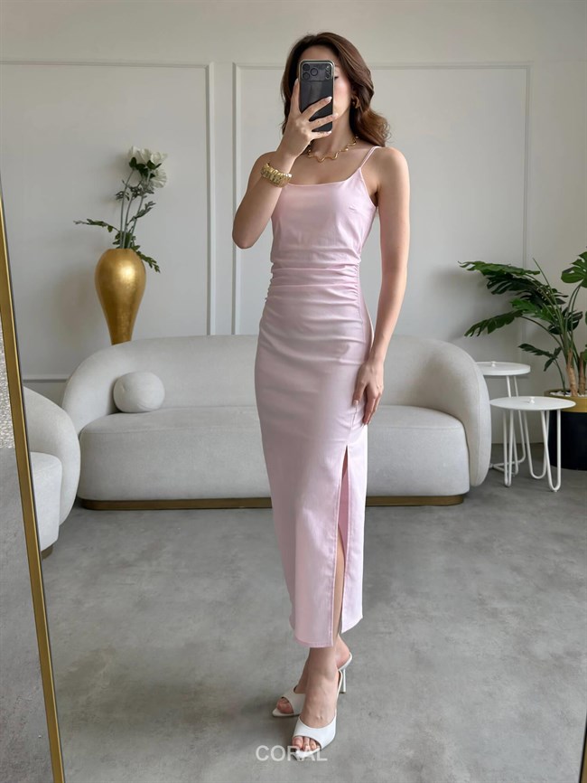 Beli Büzgülü Askılı Kot Elbise 12083 Pembe