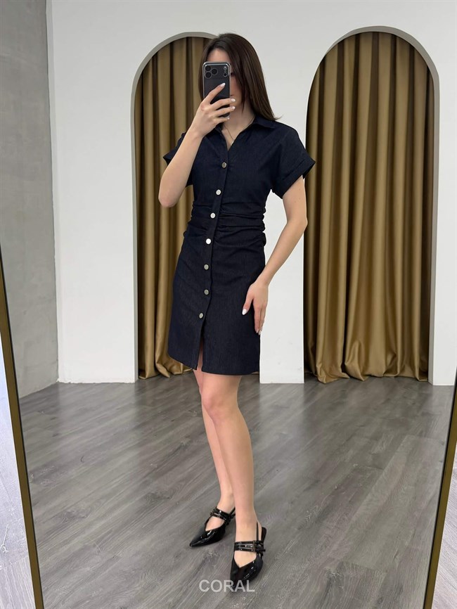 Beli Büzgülü Düğmeli Kısa Kol Elbise 86239 Lacivert