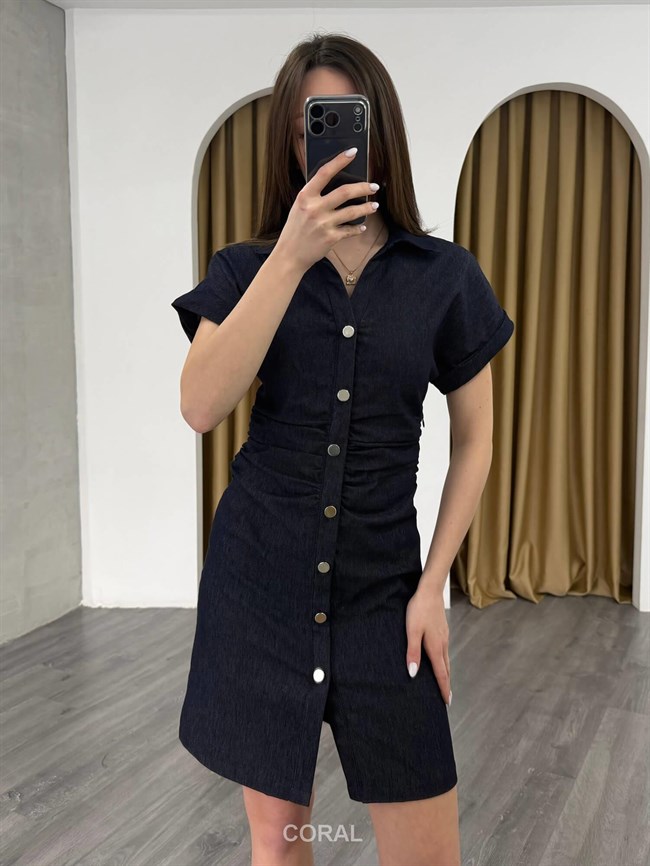 Beli Büzgülü Düğmeli Kısa Kol Elbise 86239 Lacivert