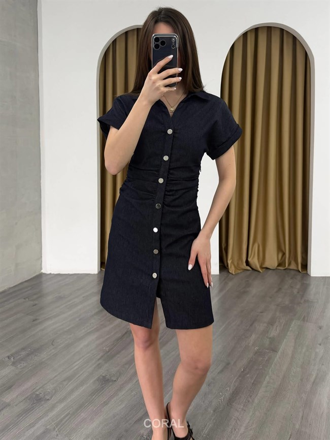 Beli Büzgülü Düğmeli Kısa Kol Elbise 86239 Lacivert