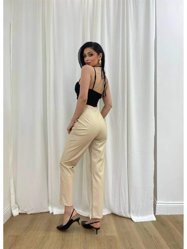Beli Dikiş Detaylı Deri Pantolon 11644 Bej