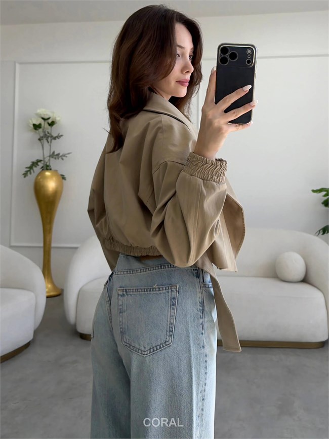 Beli Kemerli Kruvaze Kısa Mont 9751 Camel