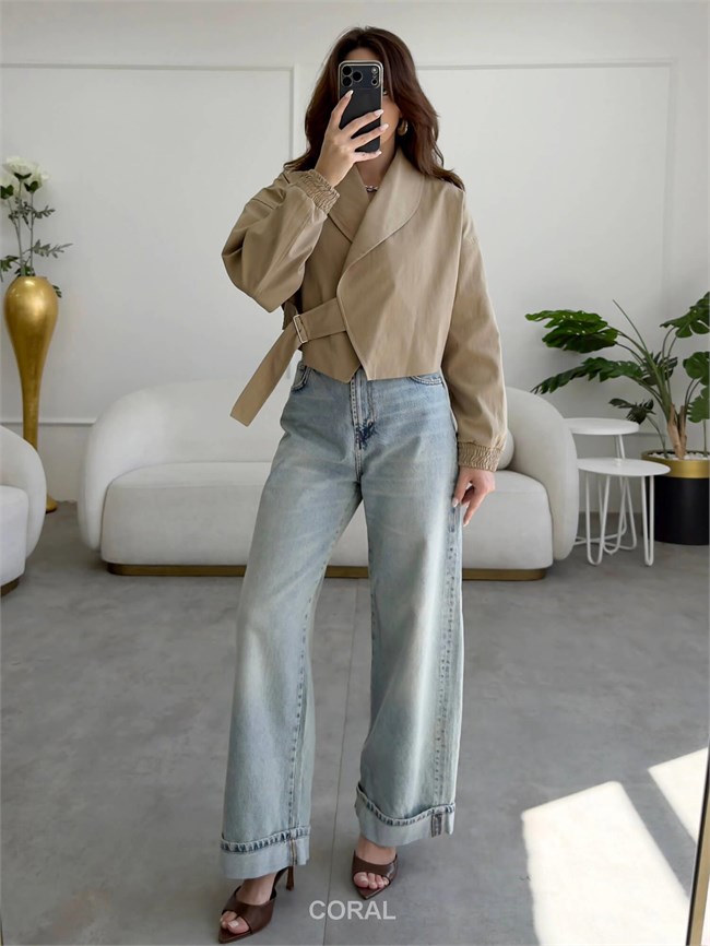 Beli Kemerli Kruvaze Kısa Mont 9751 Camel