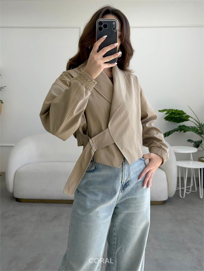Beli Kemerli Kruvaze Kısa Mont 9751 Camel