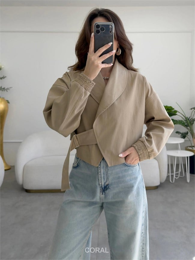 Beli Kemerli Kruvaze Kısa Mont 9751 Camel