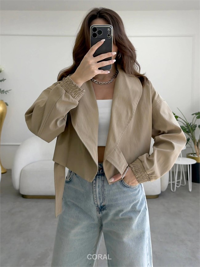 Beli Kemerli Kruvaze Kısa Mont 9751 Camel
