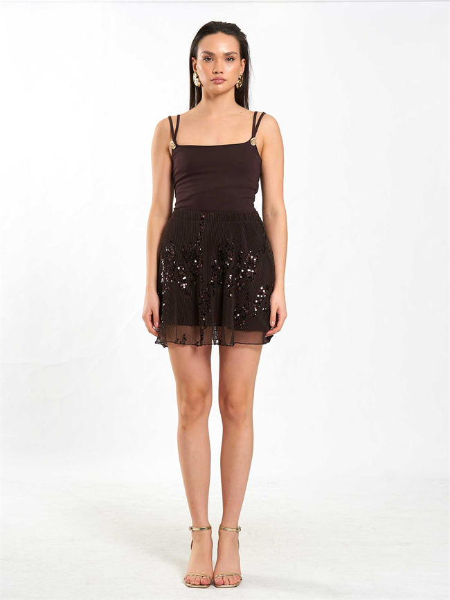 Beli Lastikli Pullu Payet Etek 041183 Kahve