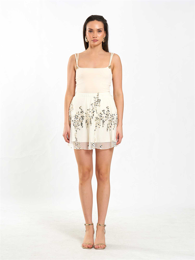 Beli Lastikli Pullu Payet Etek 041183 Ekru