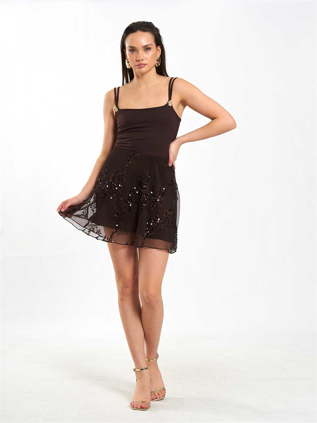 Beli Lastikli Pullu Payet Etek 041183 Kahve