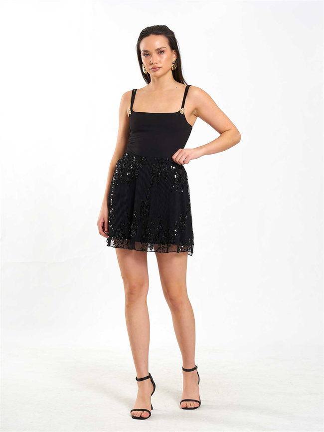 Beli Lastikli Pullu Payet Etek 041183 Siyah