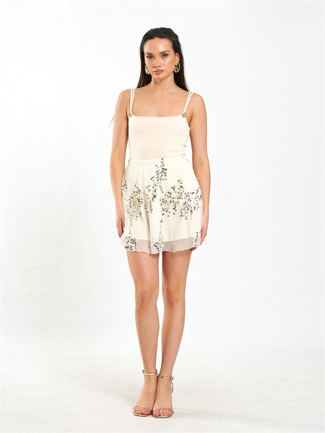 Beli Lastikli Pullu Payet Etek 041183 Ekru