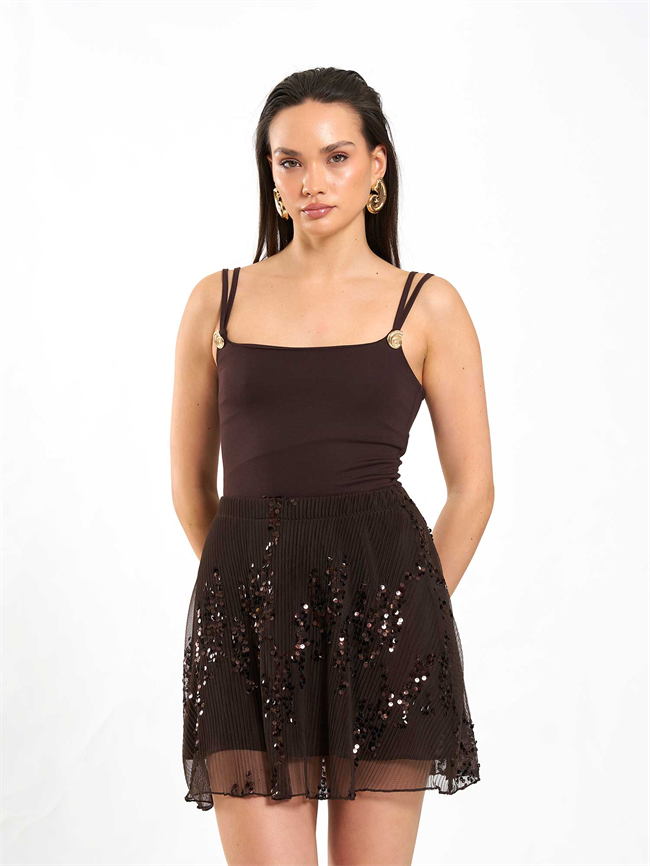 Beli Lastikli Pullu Payet Etek 041183 Kahve