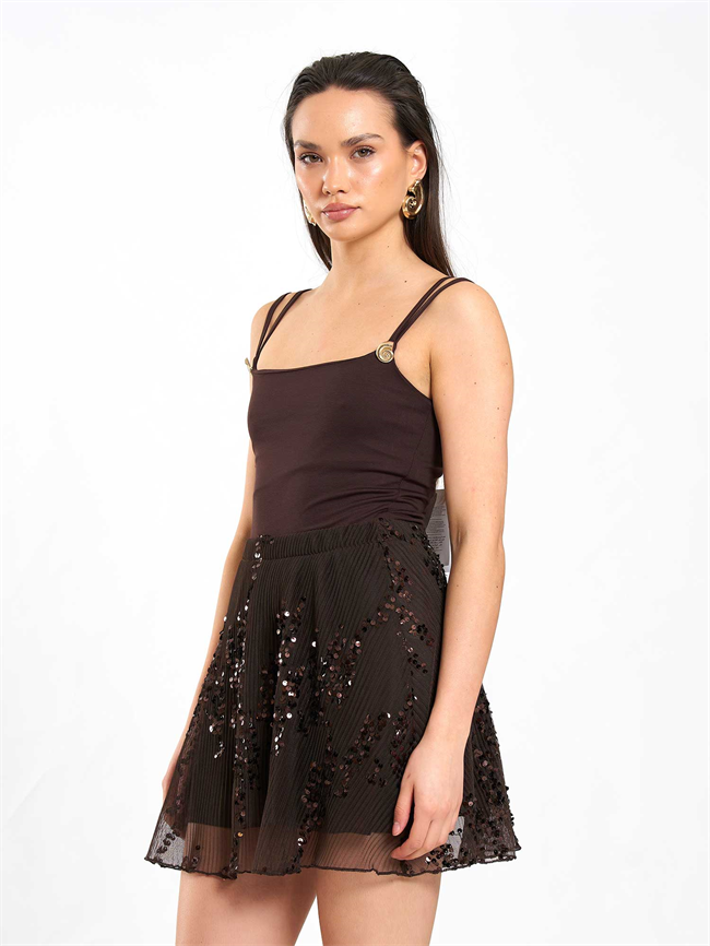 Beli Lastikli Pullu Payet Etek 041183 Kahve