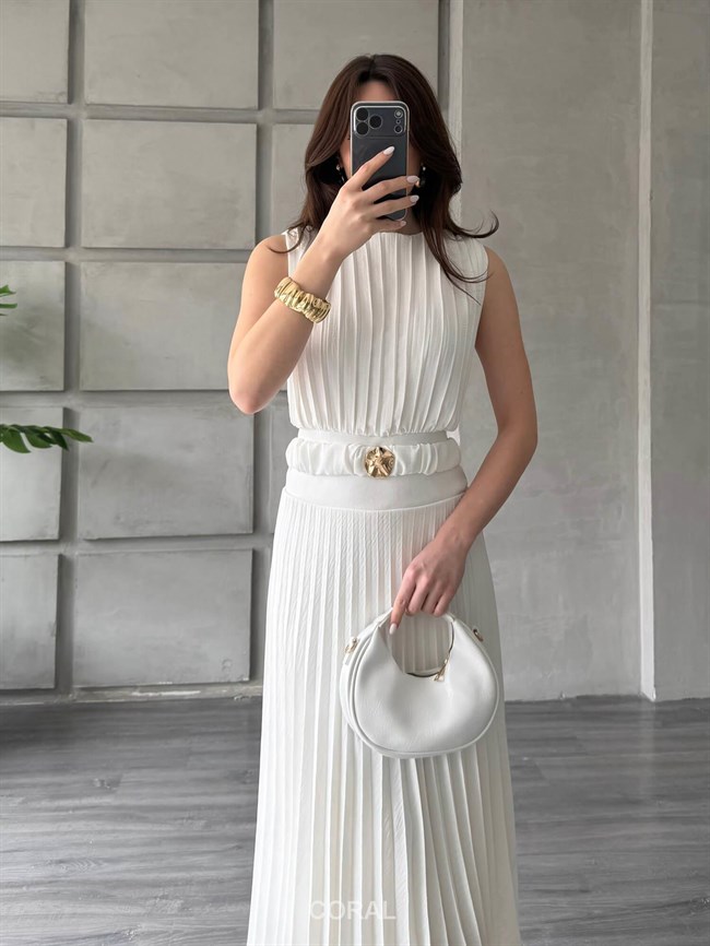 Beli Tokalı Piliseli Elbise 18249 Ekru