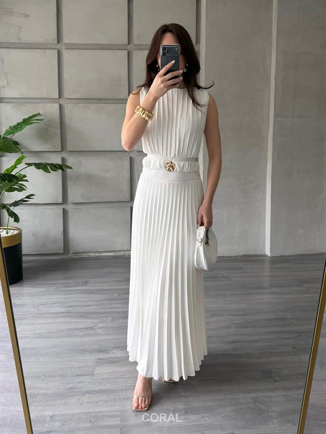 Beli Tokalı Piliseli Elbise 18249 Ekru