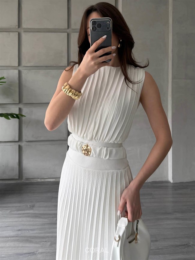 Beli Tokalı Piliseli Elbise 18249 Ekru