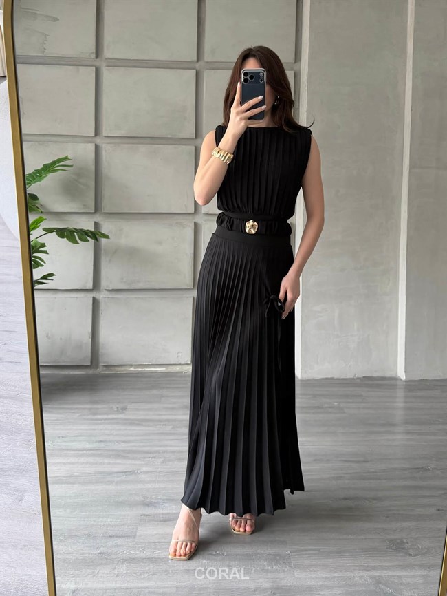 Beli Tokalı Piliseli Elbise 18249 Siyah