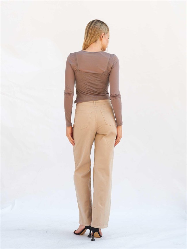 Beş Cepli Tensel Pantolon Palazzo 031725 Bej