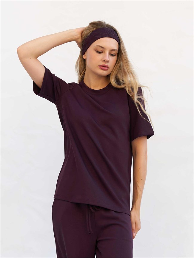 Bisiklet Yaka Oversize Tişört 050803 Mürdüm