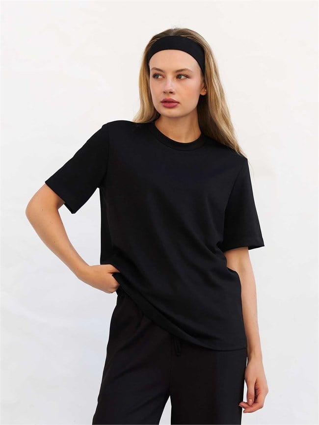 Bisiklet Yaka Oversize Tişört 050803 Siyah