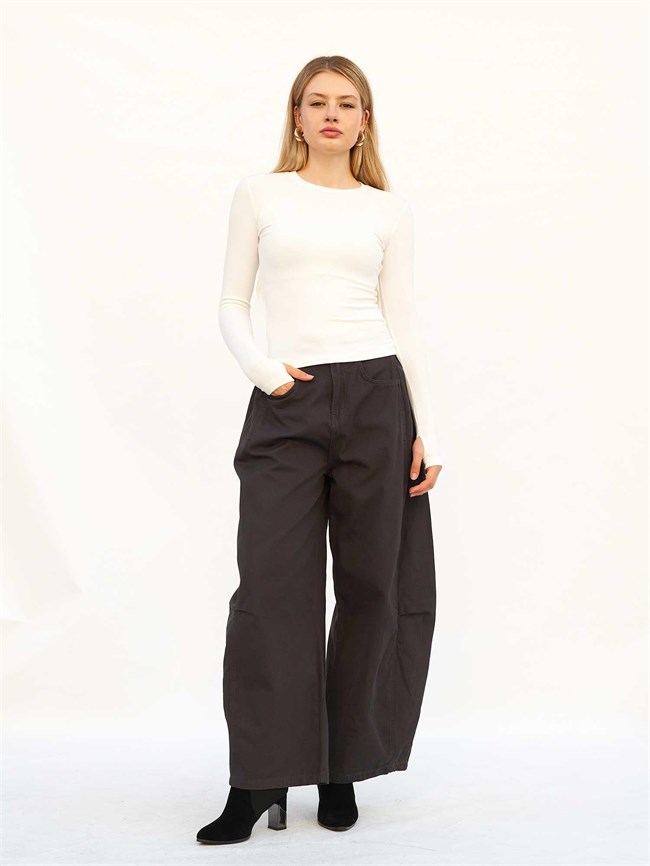 Bisiklet Yaka Parmaklı Basic Bluz 072040 Ekru