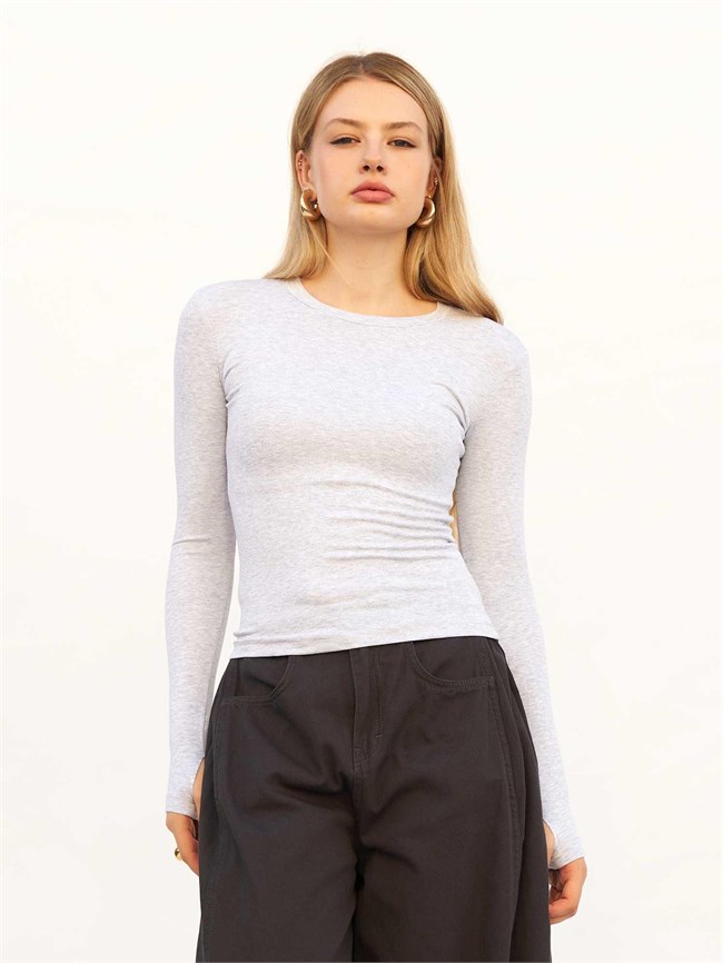 Bisiklet Yaka Parmaklı Basic Bluz 072040 Gri