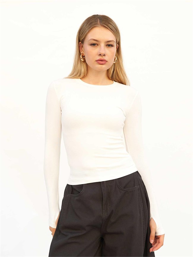 Bisiklet Yaka Parmaklı Basic Bluz 072040 Ekru