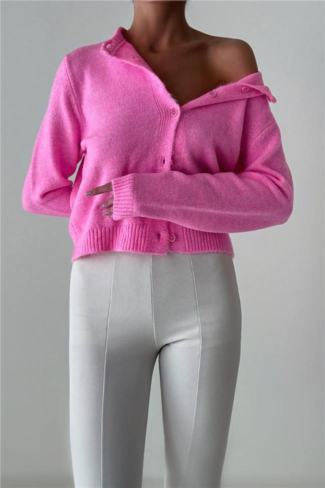 Bisiklet Yaka Sekiz Düğme Düz Hırka Pembe