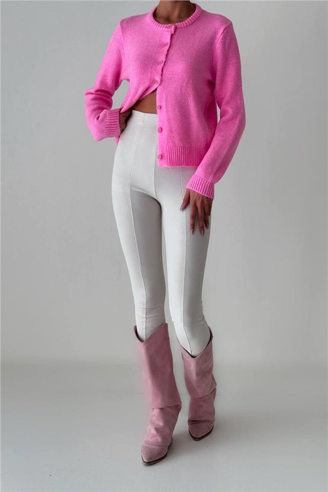 Bisiklet Yaka Sekiz Düğme Düz Hırka Pembe