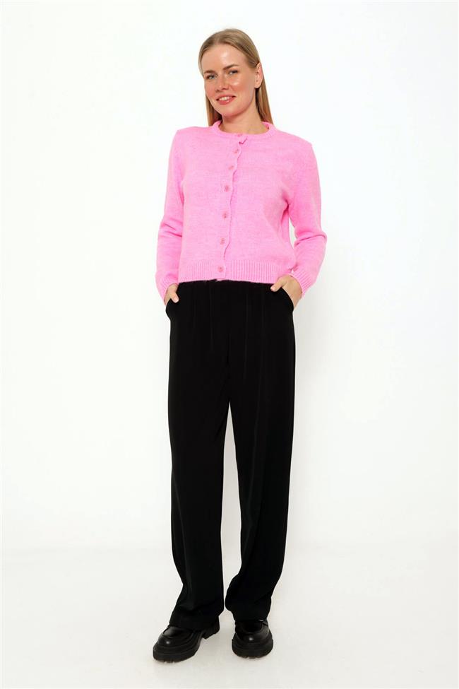 Bisiklet Yaka Sekiz Düğme Düz Hırka Pembe