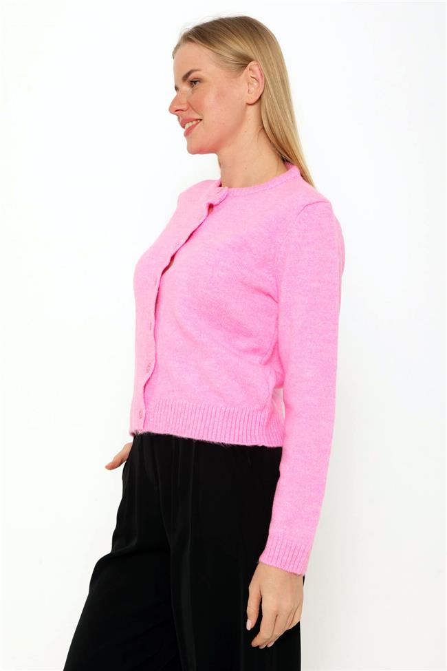 Bisiklet Yaka Sekiz Düğme Düz Hırka Pembe