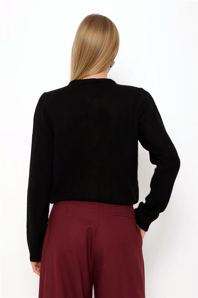 Bisiklet Yaka Sekiz Düğme Düz Hırka Siyah