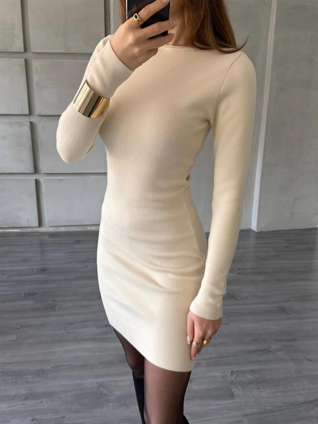 Bisiklet Yaka Uzun Kol Triko Elbise 140323 Vanilya