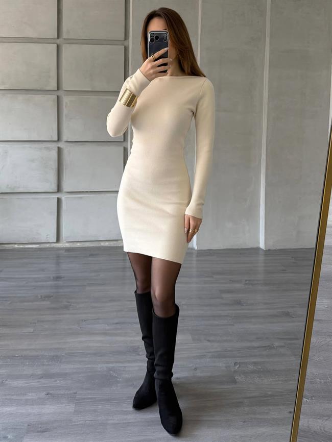 Bisiklet Yaka Uzun Kol Triko Elbise 140323 Vanilya
