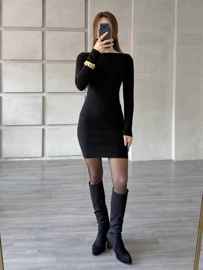 Bisiklet Yaka Uzun Kol Triko Elbise 140323 Siyah