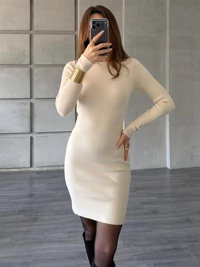 Bisiklet Yaka Uzun Kol Triko Elbise 140323 Vanilya