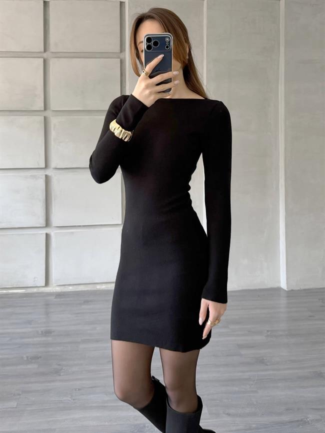 Bisiklet Yaka Uzun Kol Triko Elbise 140323 Siyah