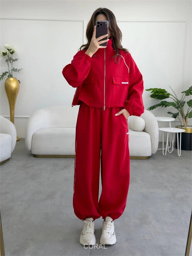 Boğazlı Biyeli Fermuarlı Ceket CKT01527 Kırmızı
