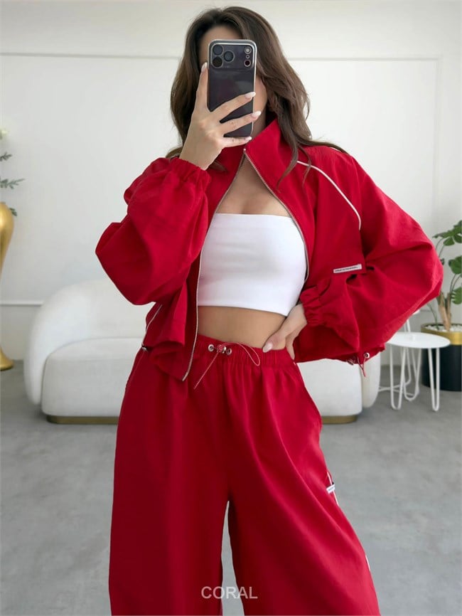 Boğazlı Biyeli Fermuarlı Ceket CKT01527 Kırmızı