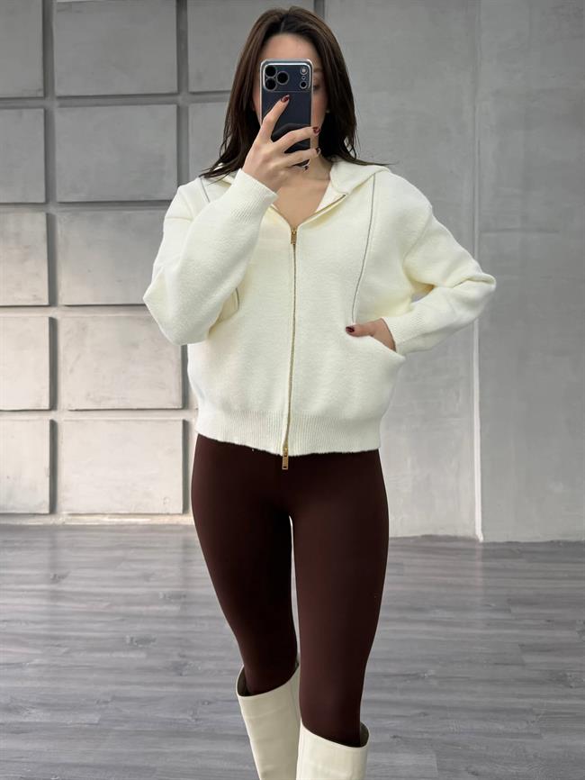 Boncuk Şeritli Kapüşonlu Peluş Hırka 145109 Vanilya